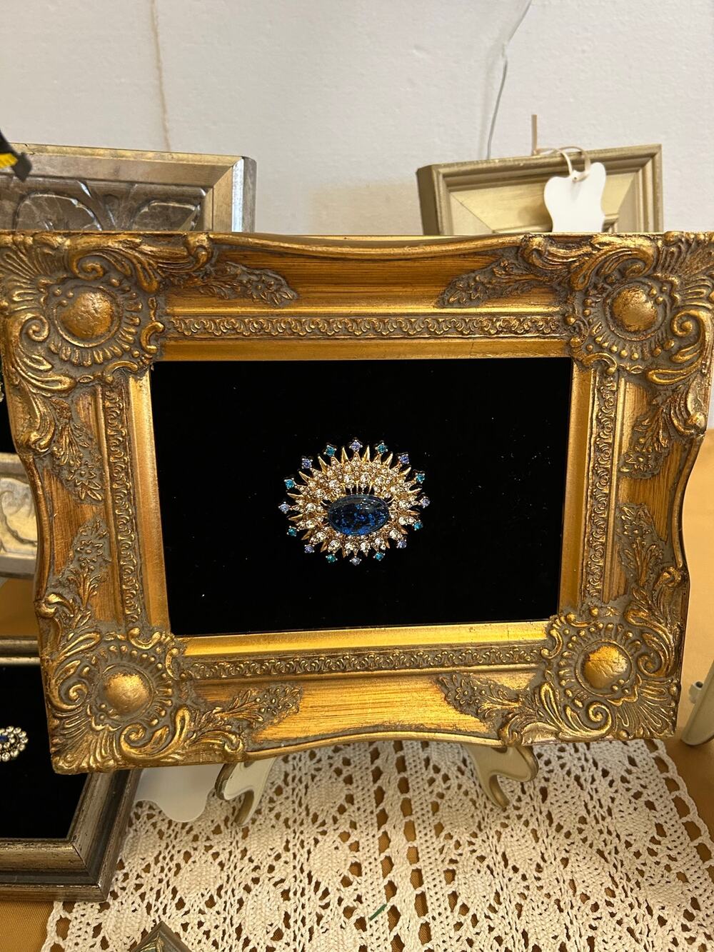 Handmade Framed Jeweled Brooch Art Blue Rhinestone Black Velvet Ornate Gold